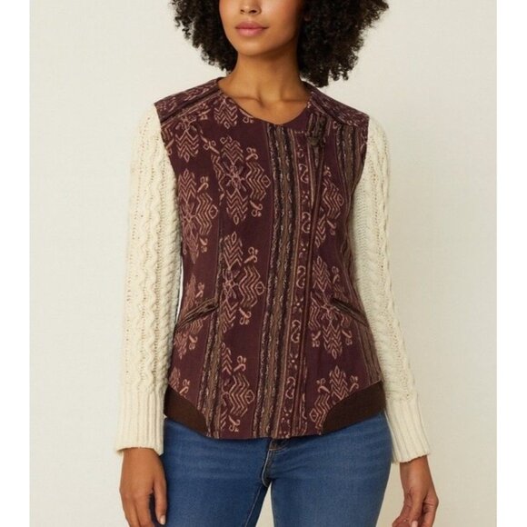 Lilka Hazan Anthropologie Moto Jacket Knit Sleeves Sweater Brown Cream Size M - Picture 1 of 10